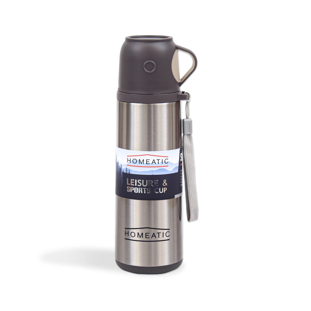 Homeatic Flask with Integrated Cup Lid 500ML Silver Steel Water Bottle at Zubaidas