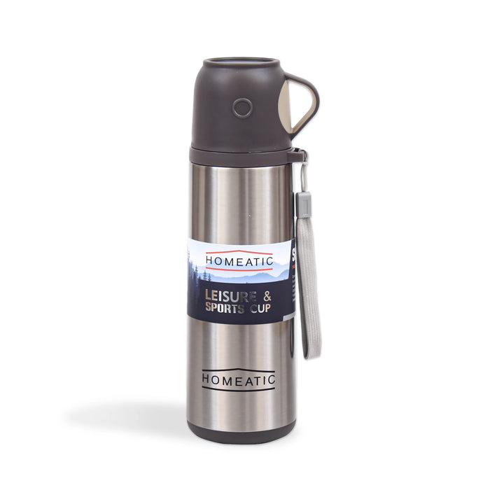 Homeatic Flask with Integrated Cup Lid 500ML Silver Steel Water Bottle at Zubaidas