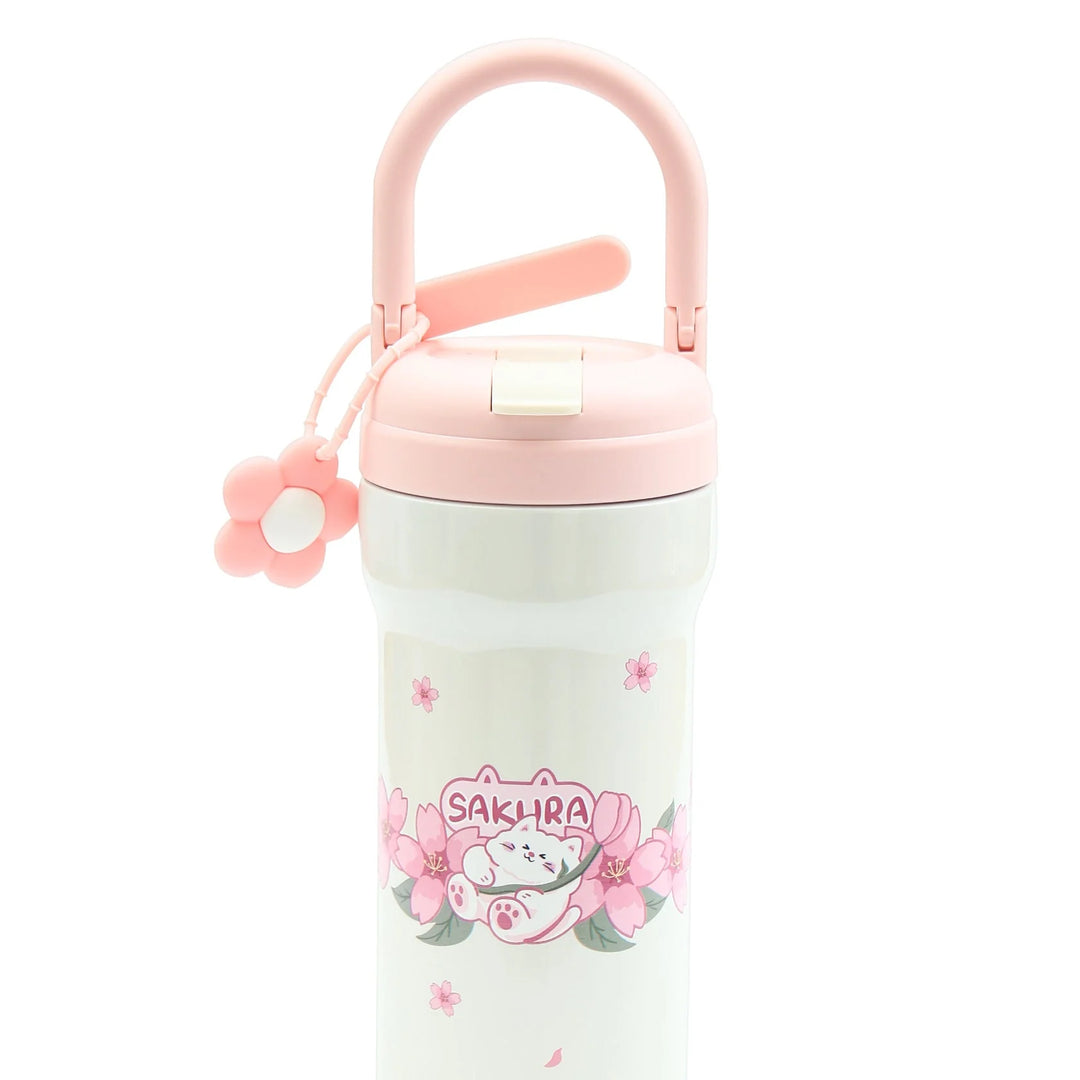 Homeatic Sakura Cat Flower Vacuum Flask 730ML Pink and White Steel Water Bottle at Zubaidas Official Pakistan