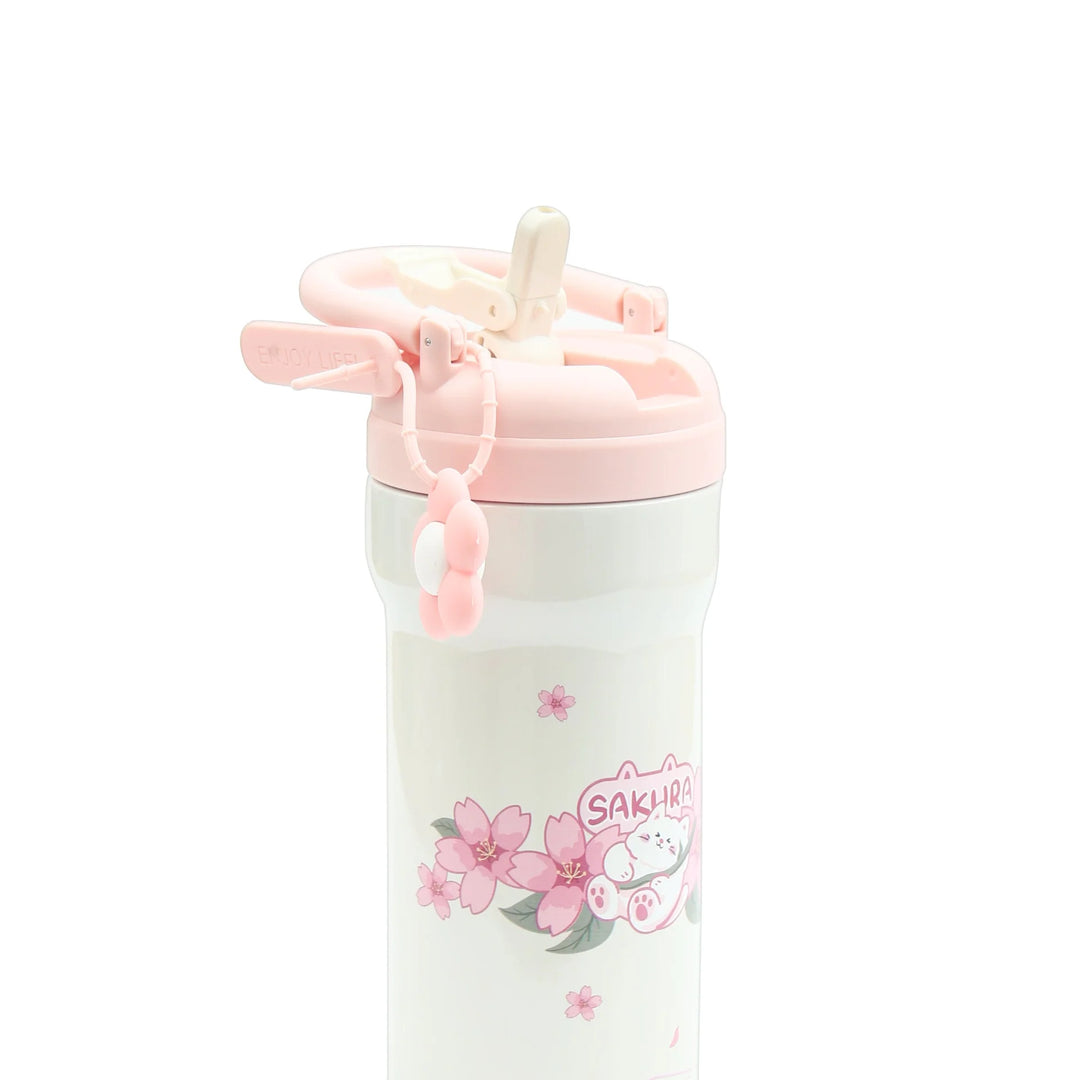 Homeatic Sakura Cat Flower Vacuum Flask 730ML Pink and White Steel Water Bottle at Zubaidas Online Pakistan