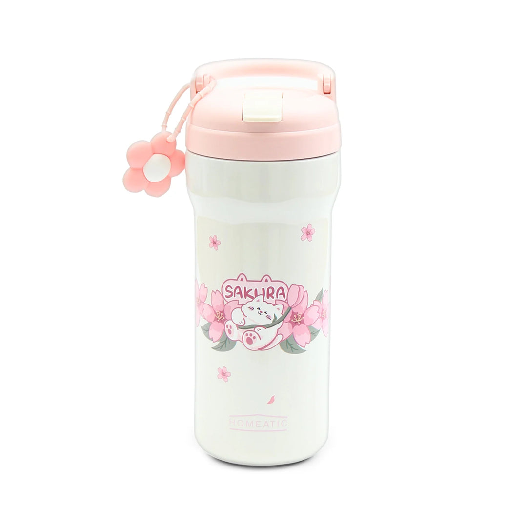 Homeatic Sakura Cat Flower Vacuum Flask 730ML Pink and White Steel Water Bottle at Zubaidas