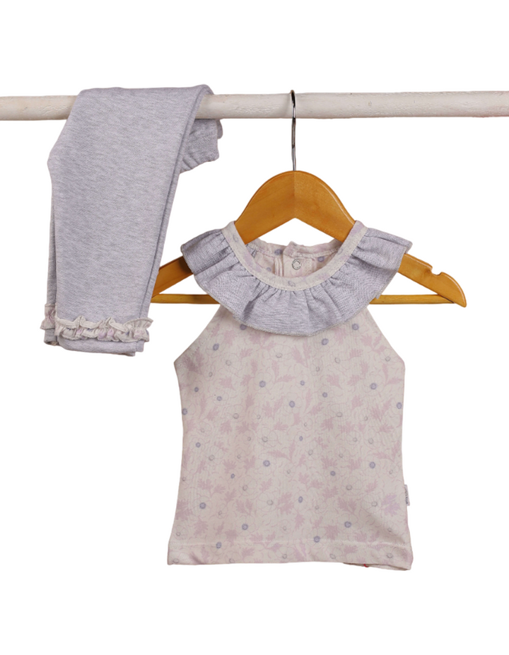 Suit Set Light Grey & White with Floral Print for Girls