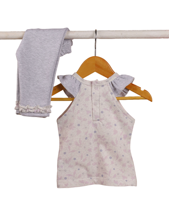 Suit Set Light Grey & White with Floral Print for Girls