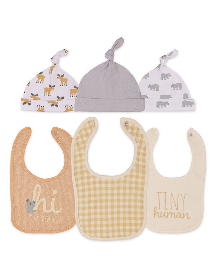Infant 6 Pcs Bibs and Knotted Caps Set Moose and Bear Prints at Zubaidas