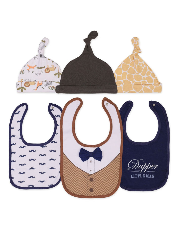Infant Boy 6 Pcs Bibs and Knotted Caps Set Dapper Little Man at Zubaidas