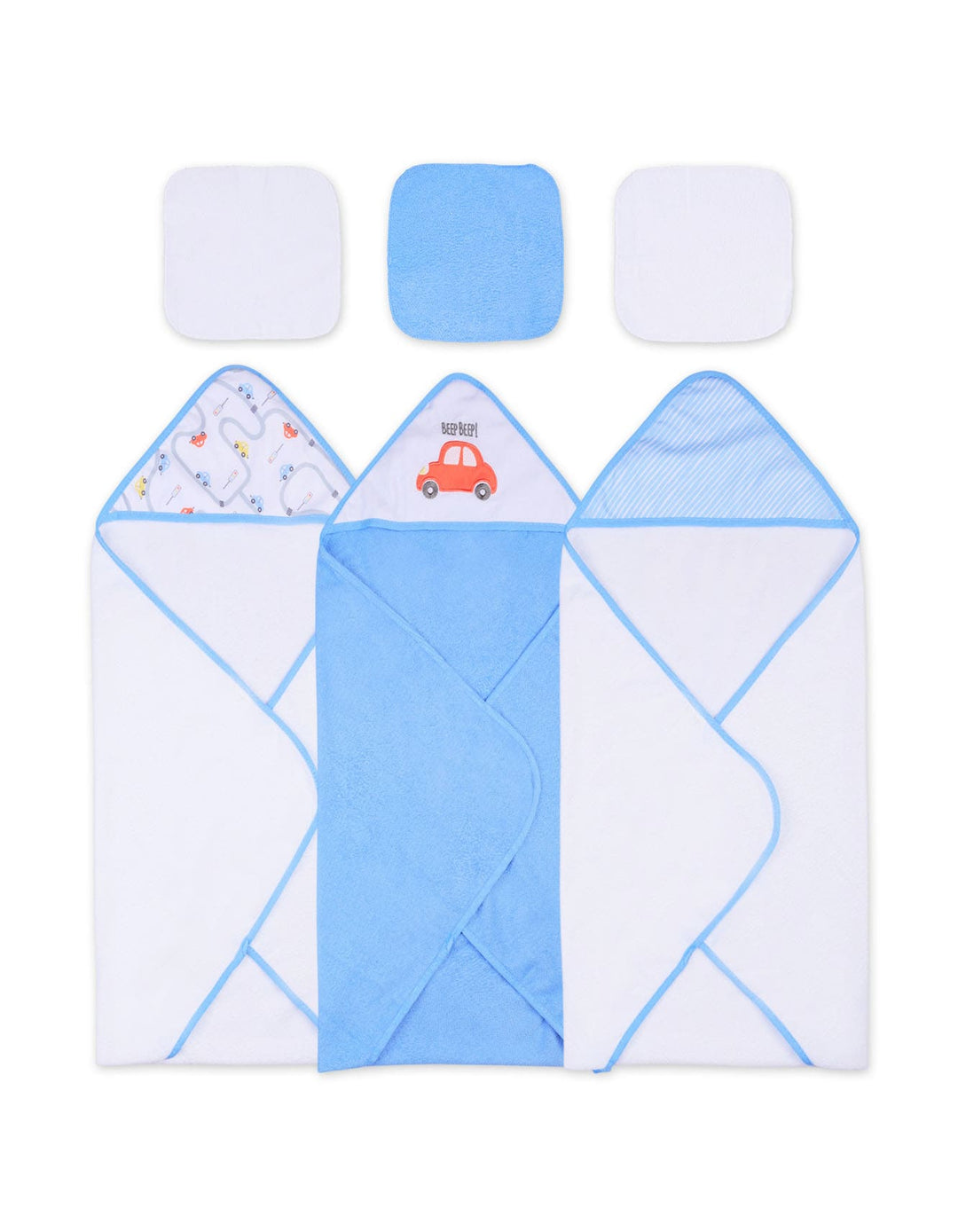 Infant Boy Bath Towel and Washcloth Set Cars Blue and White at Zubaidas