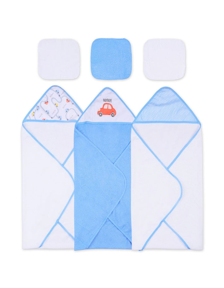 Infant Boy Bath Towel and Washcloth Set Cars Blue and White at Zubaidas