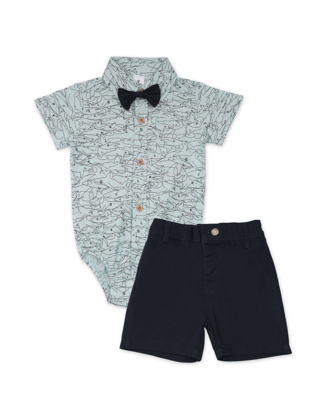 Infant Boy Bodysuit with Shorts Bowtie Set Shark Print at Zubaidas