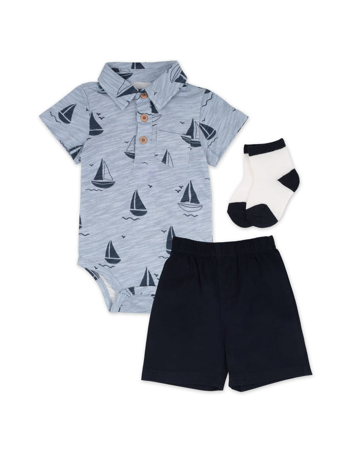 Infant Boy Summer 3 Pcs Suit Set Sailboat Print at Zubaidas