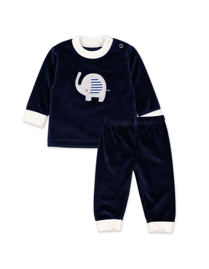 Infant Boy Winter 2 Pcs Suit Set Elephant Navy Blue and White at Zubaidas