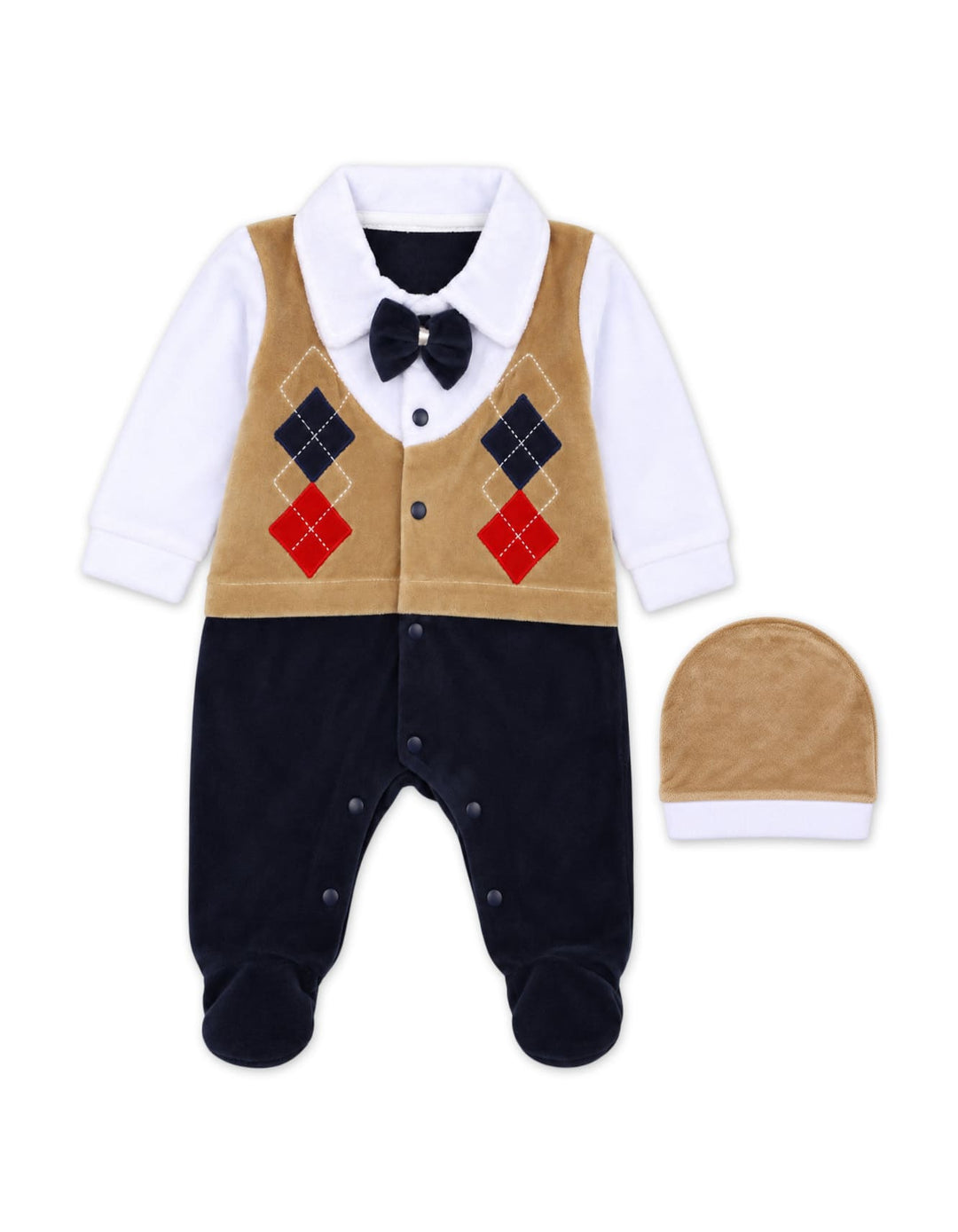 Infant Boy Winter Romper with Cap Beige and Navy Blue at Zubaidas