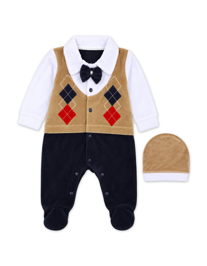 Infant Boy Winter Romper with Cap Beige and Navy Blue at Zubaidas