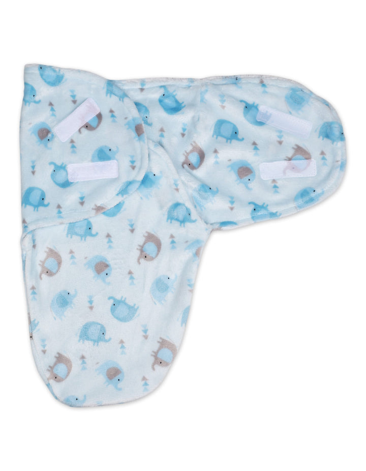 Infant Boys Plush Swaddle Wrap with Velcro Closure Blue Elephants at Zubaidas