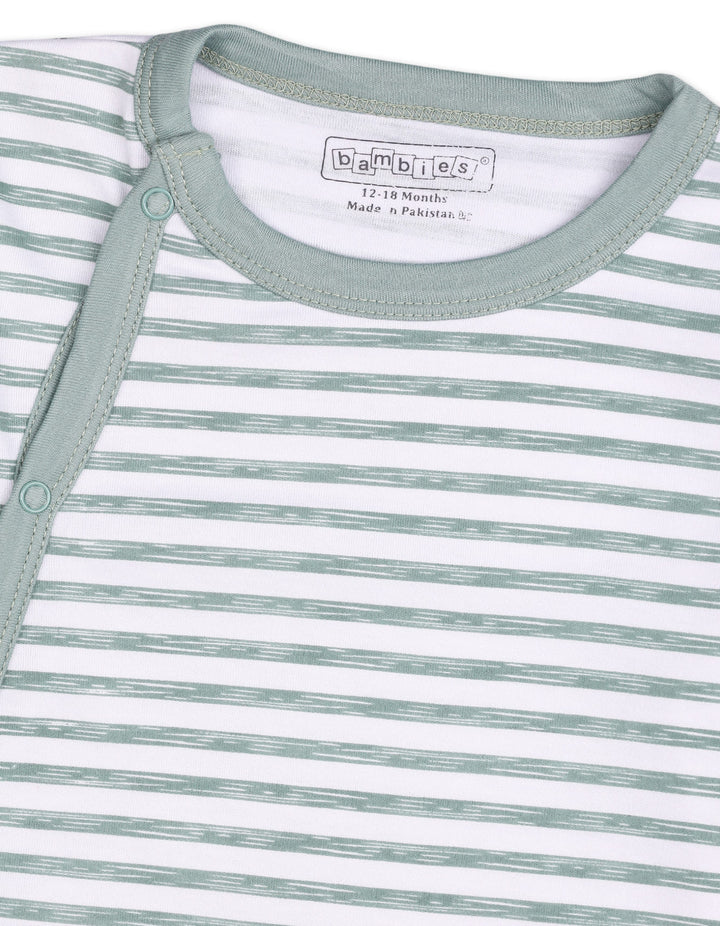 Infant Footed Sleepsuit Bambies Stripes Green and White at Zubaidas Official Pakistan