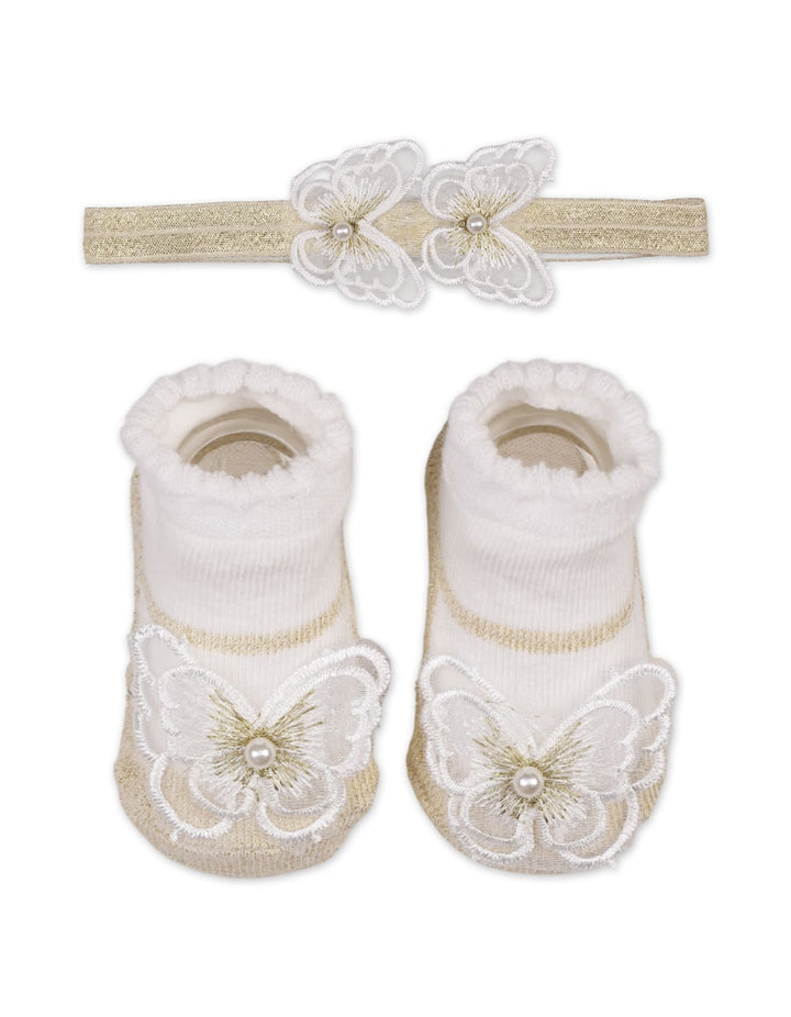 Infant Girl 2 Pcs Headband and Socks Set Butterfly Gold at Zubaidas