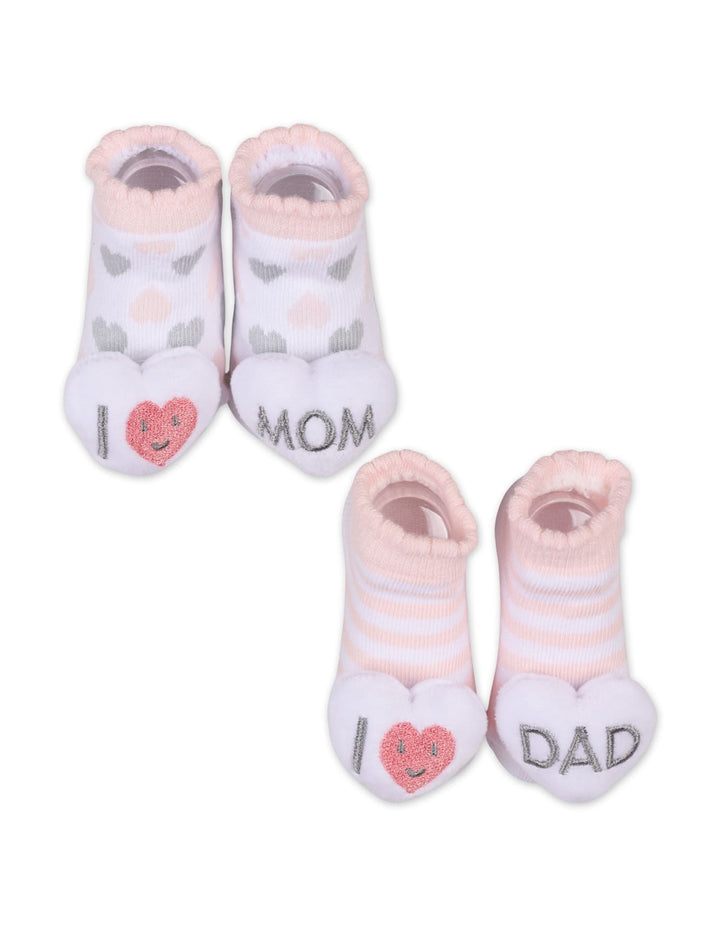 Infant Girl 2 Pcs Rattle Booties I Love Mom and Dad at Zubaidas