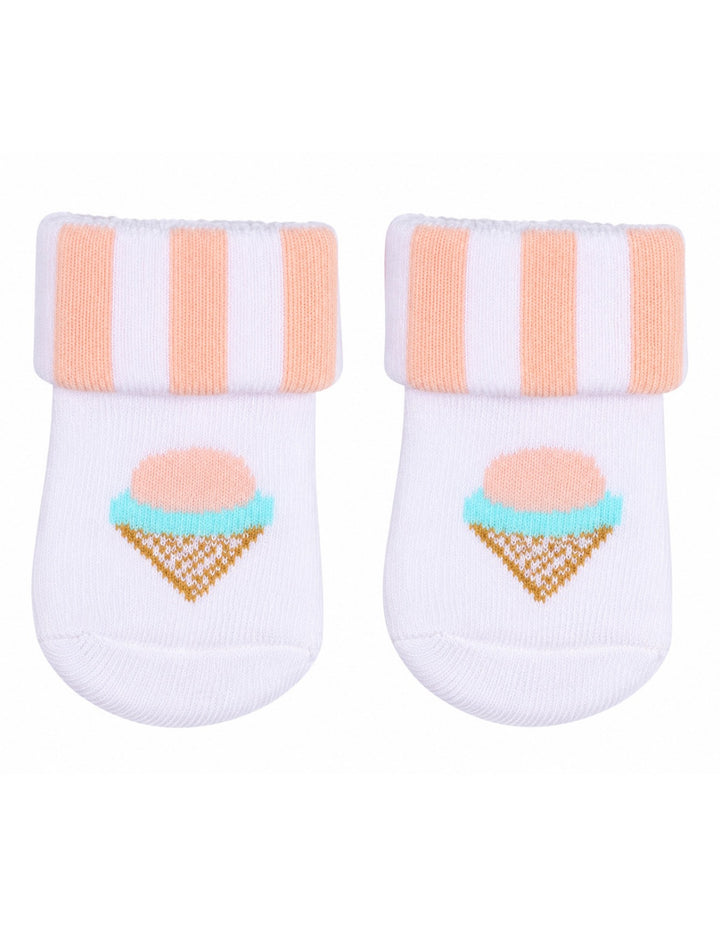 Infant Girl 3 Pcs Cap Bib and Socks Peach and White Set at Zubaidas Best online Baby and Kids store in Pakistan