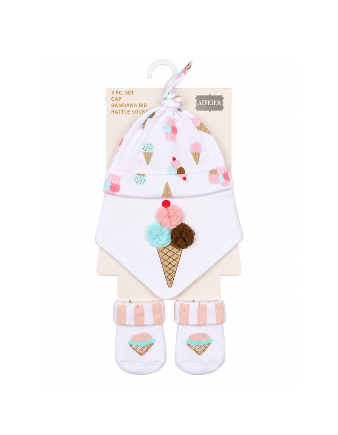 Infant Girl 3 Pcs Cap Bib and Socks Peach and White Set at Zubaidas
