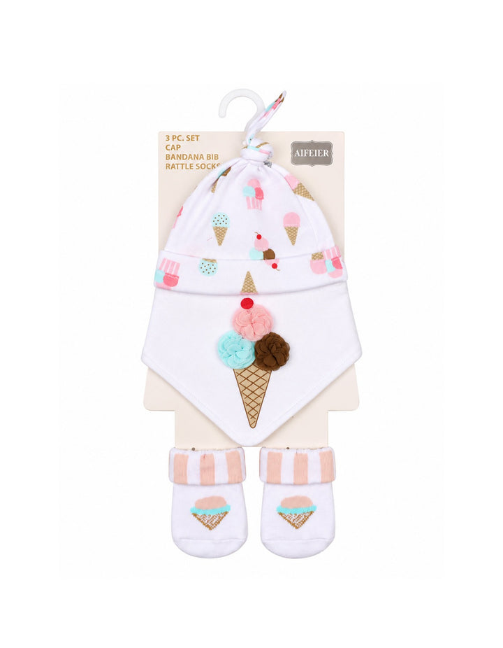 Infant Girl 3 Pcs Cap Bib and Socks Peach and White Set at Zubaidas