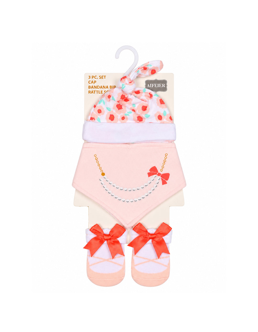Infant Girl 3 Pcs Cap Bib and Socks Set Floral Design Pink at Zubaidas