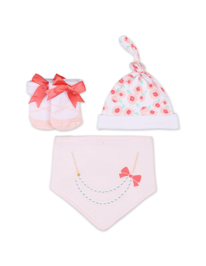 Infant Girl 3 Pcs Cap Bib and Socks Set Floral Design Pink at Zubaidas