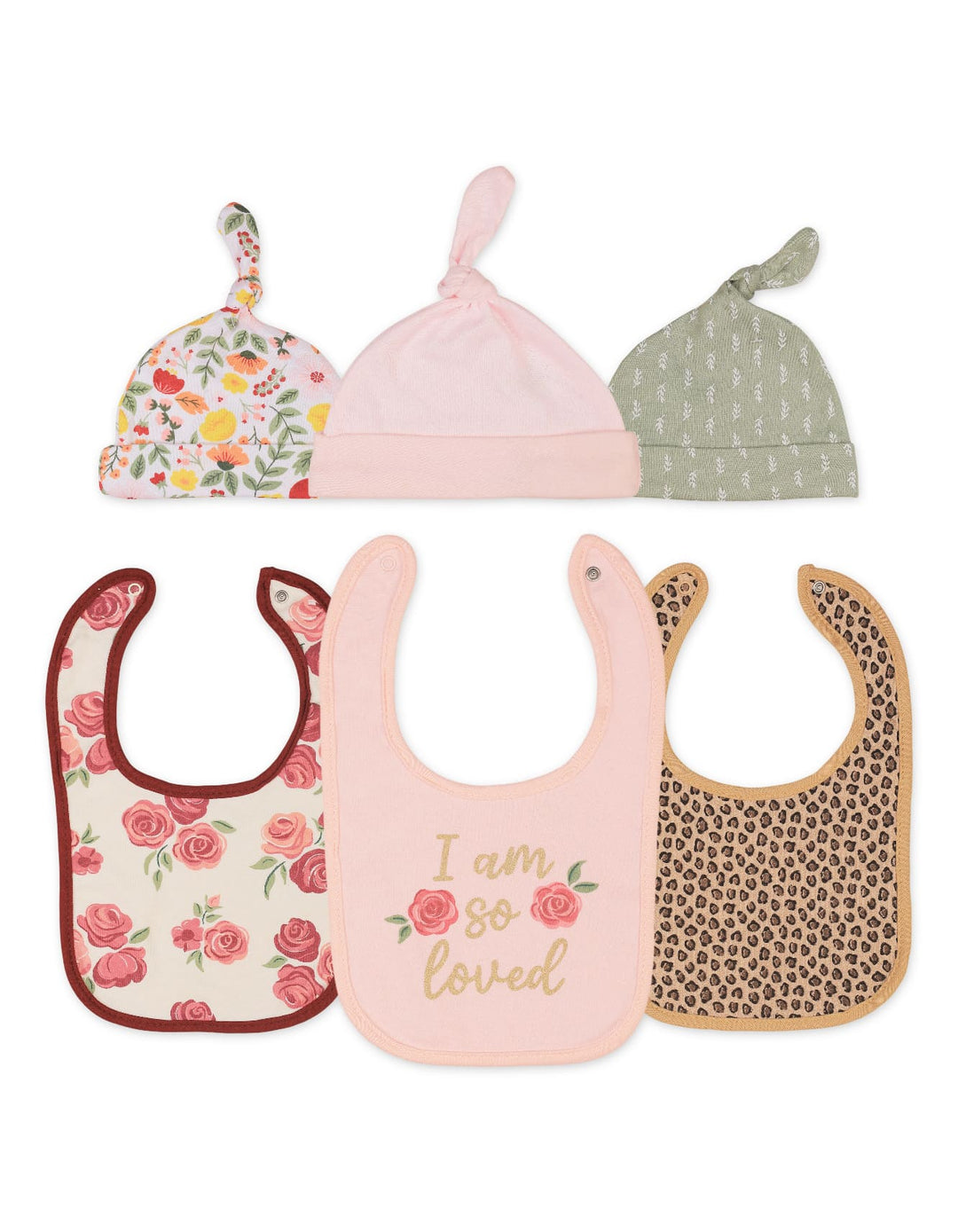 Infant Girl 6 Pcs Bibs and Knot Caps Set Floral at Zubaidas