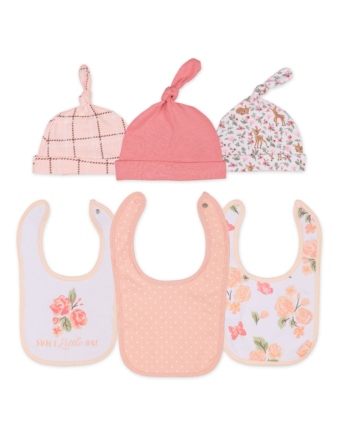 Infant Girl 6 Pcs Bibs and Knotted Caps Set Floral Peach at Zubaidas