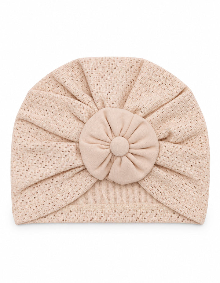 Infant Girl Cap Rosette Knitted Turban Beige at Zubaidas