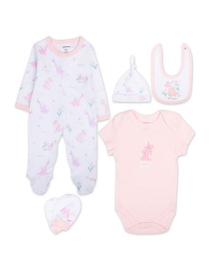 Infant Girl Gift Set 5 Pcs Dino Theme Pink at Zubaidas