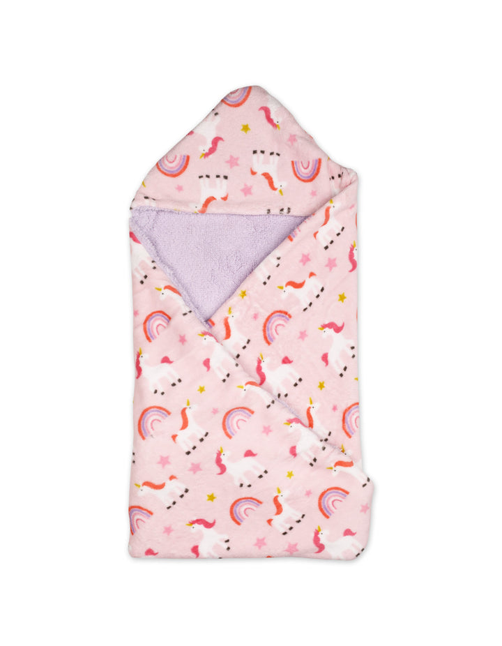 Infant Girl Hooded Swaddle Blanket Unicorn Pink and Purple at Zubaidas