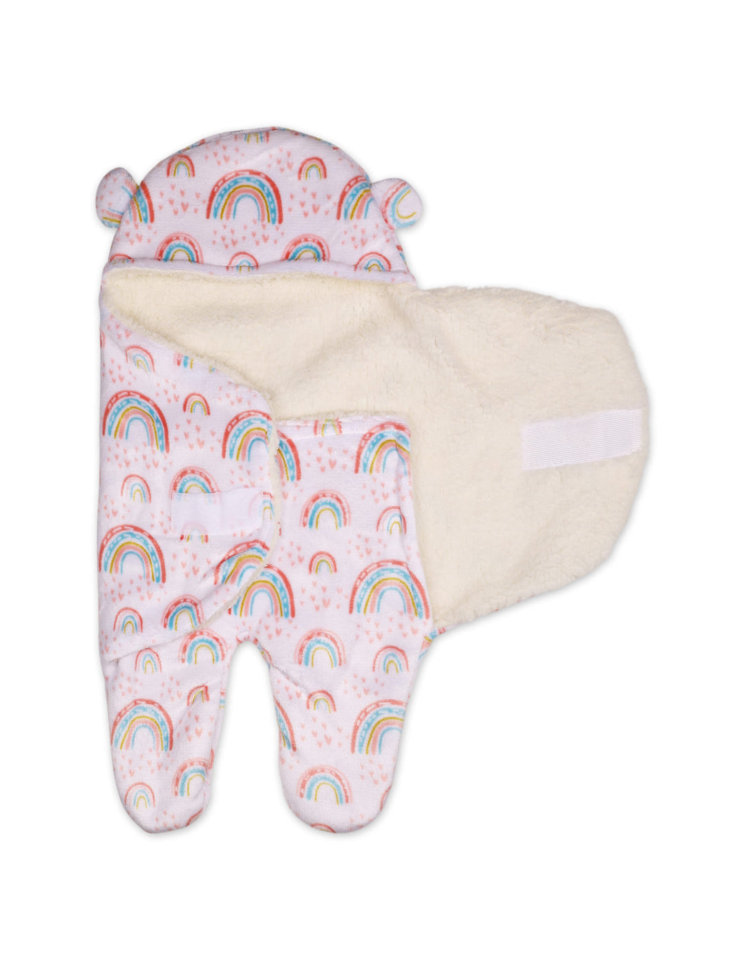 Infant Girl Hooded Swaddle Rainbow Pink and White at Zubaidas