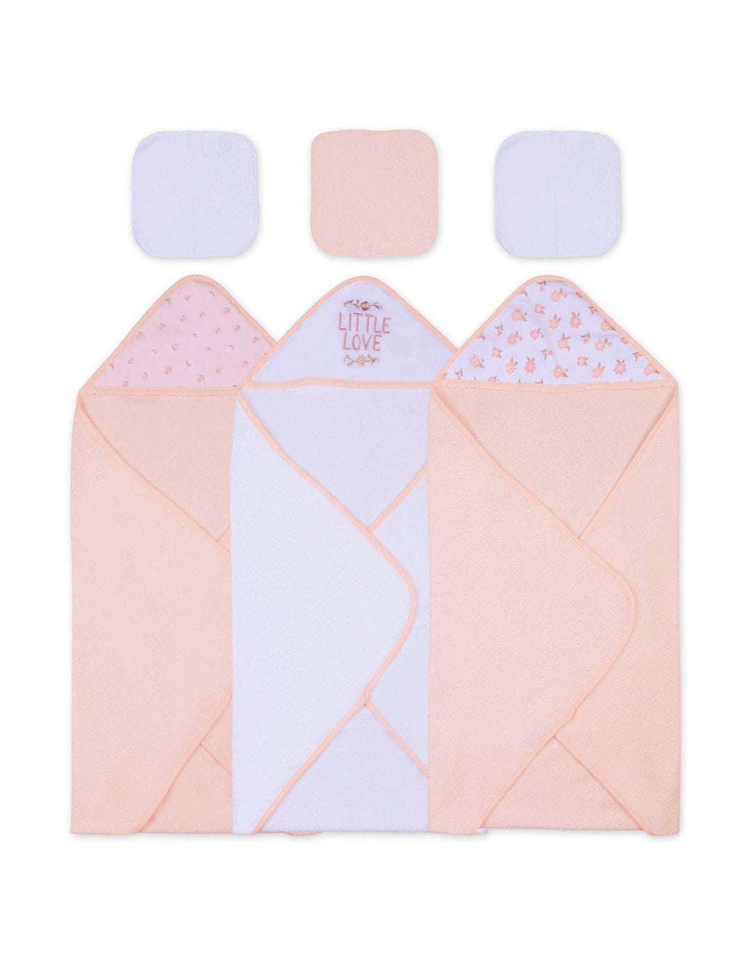 Infant Girl Hooded Towel and Washcloth Set Floral White and Peach at Zubaidas