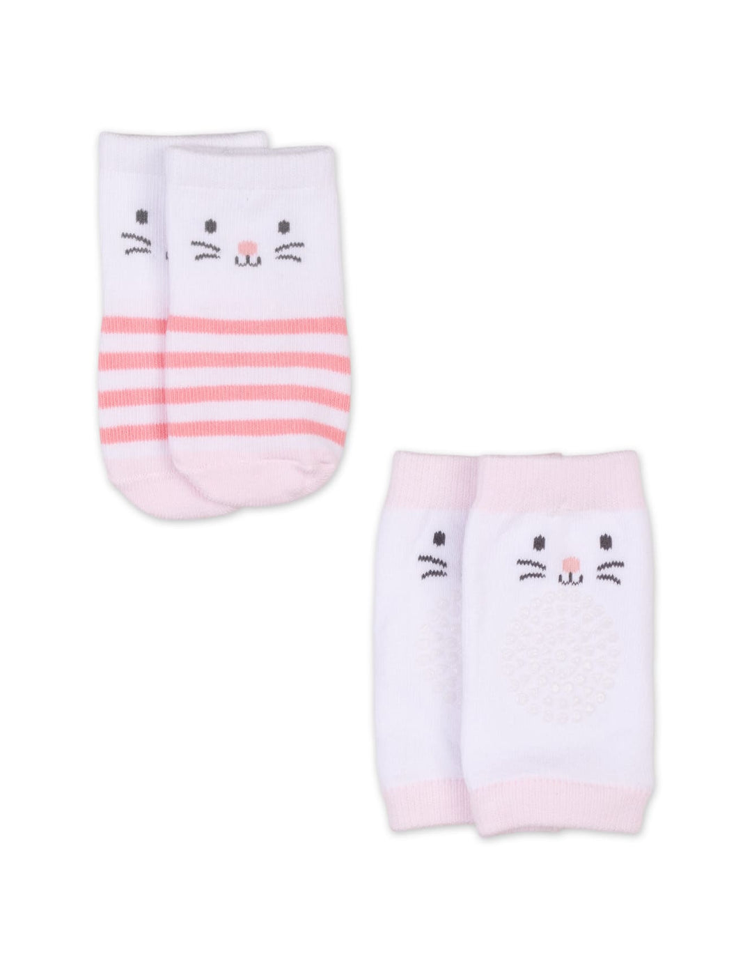 Infant Girl Socks and Knee Pads Set Cat Striped Pink at Zubaidas