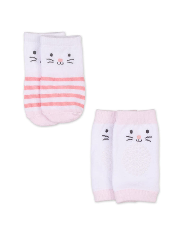 Infant Girl Socks and Knee Pads Set Cat Striped Pink at Zubaidas