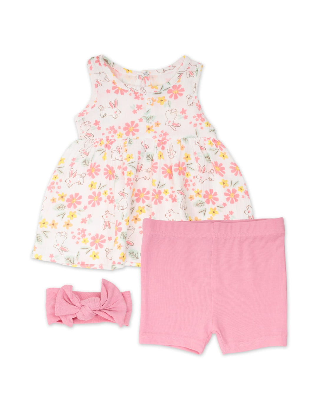 Infant Girl Summer 3 Pieces Dress Set Bunny and Floral Pink at Zubaidas
