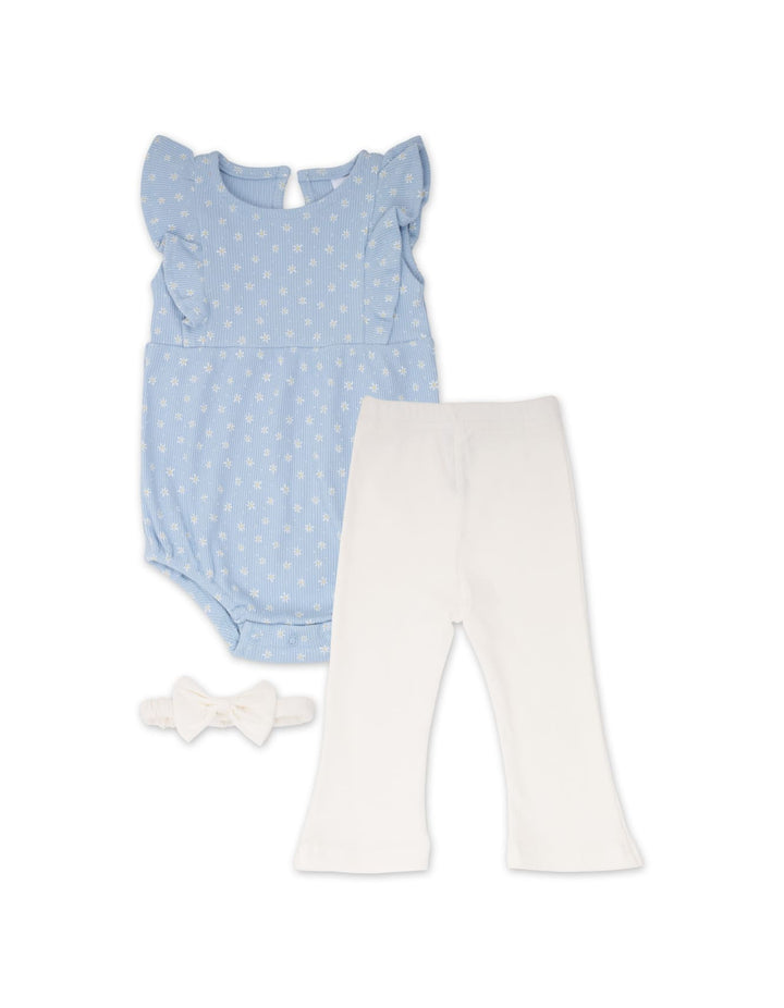 Infant Girl Summer 3 Pieces Suit Set Daisy Ribbed Blue at Zubaidas