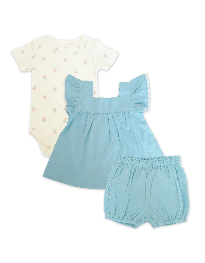 Infant Girl Summer 3 Pieces Suit Set Floral Blue at Zubaidas