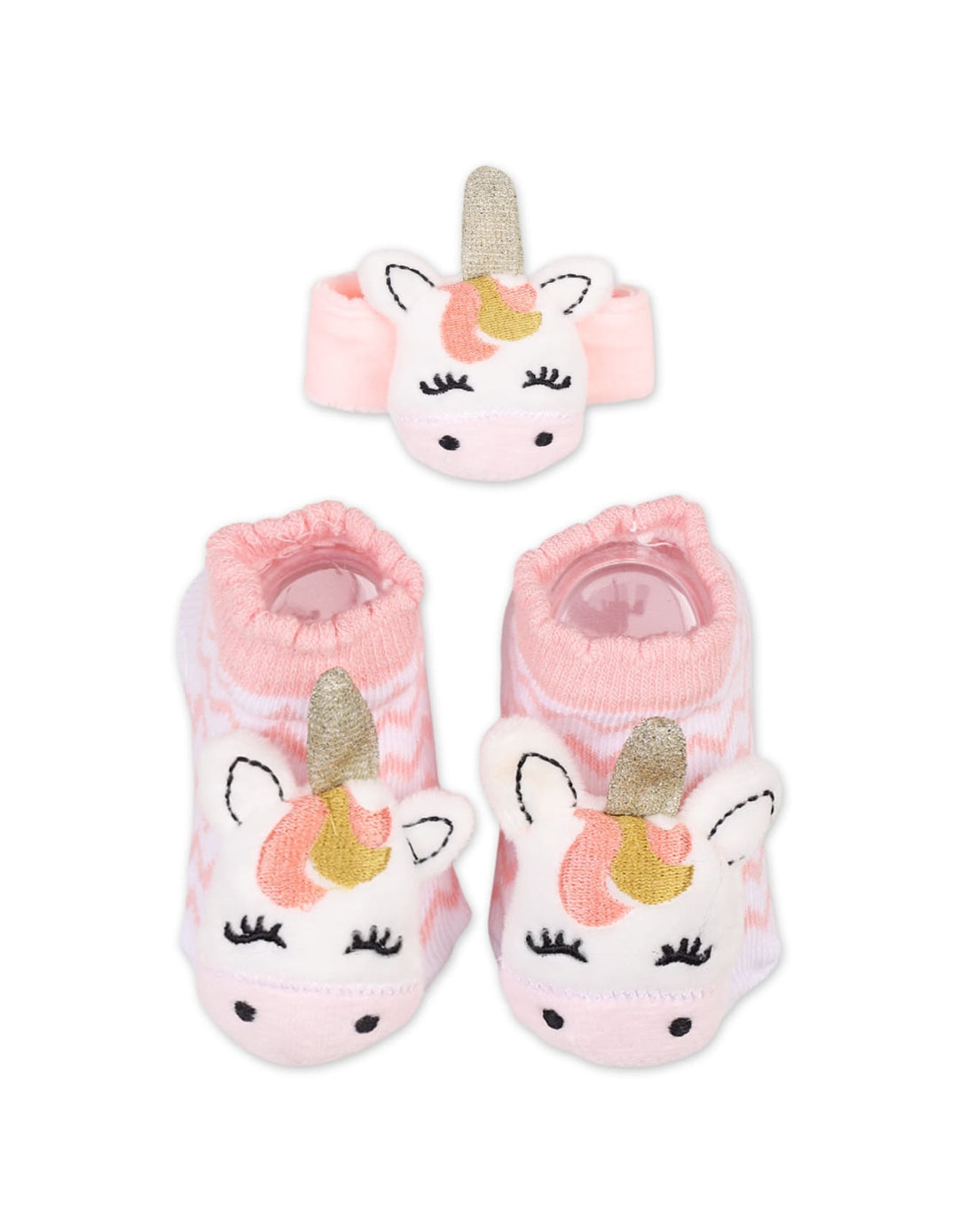 Infant Girl Unicorn Rattle Booties and Wristband Pink at Zubaidas