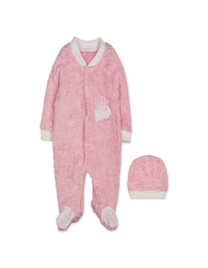 Infant Girl Winter Sleep Suit with Cap Crown and Cloud Pink at Zubaidas
