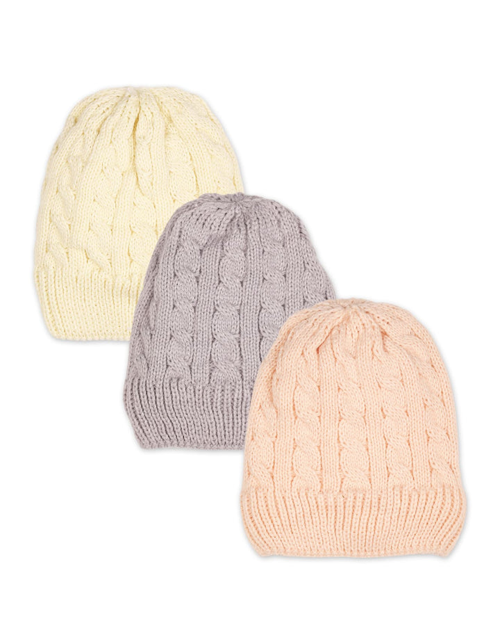 Infant Girls Woolen Caps Pack of 3 Cable Knit Pattern at Zubaidas