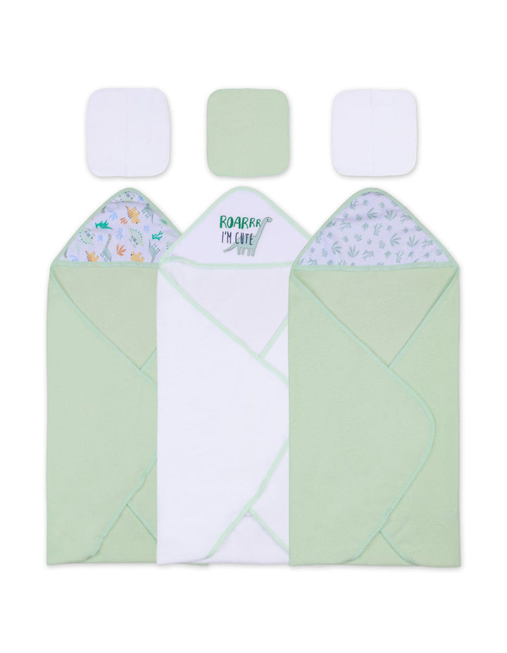 Infant Hooded Bath Towel and Washcloth Set Dino Mint and White at Zubaidas