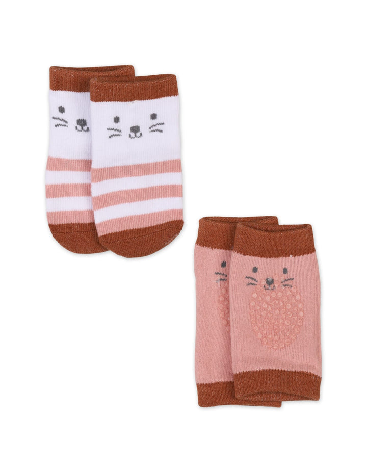 Infant Socks and Knee Pads Set Cat Print Brown at Zubaidas