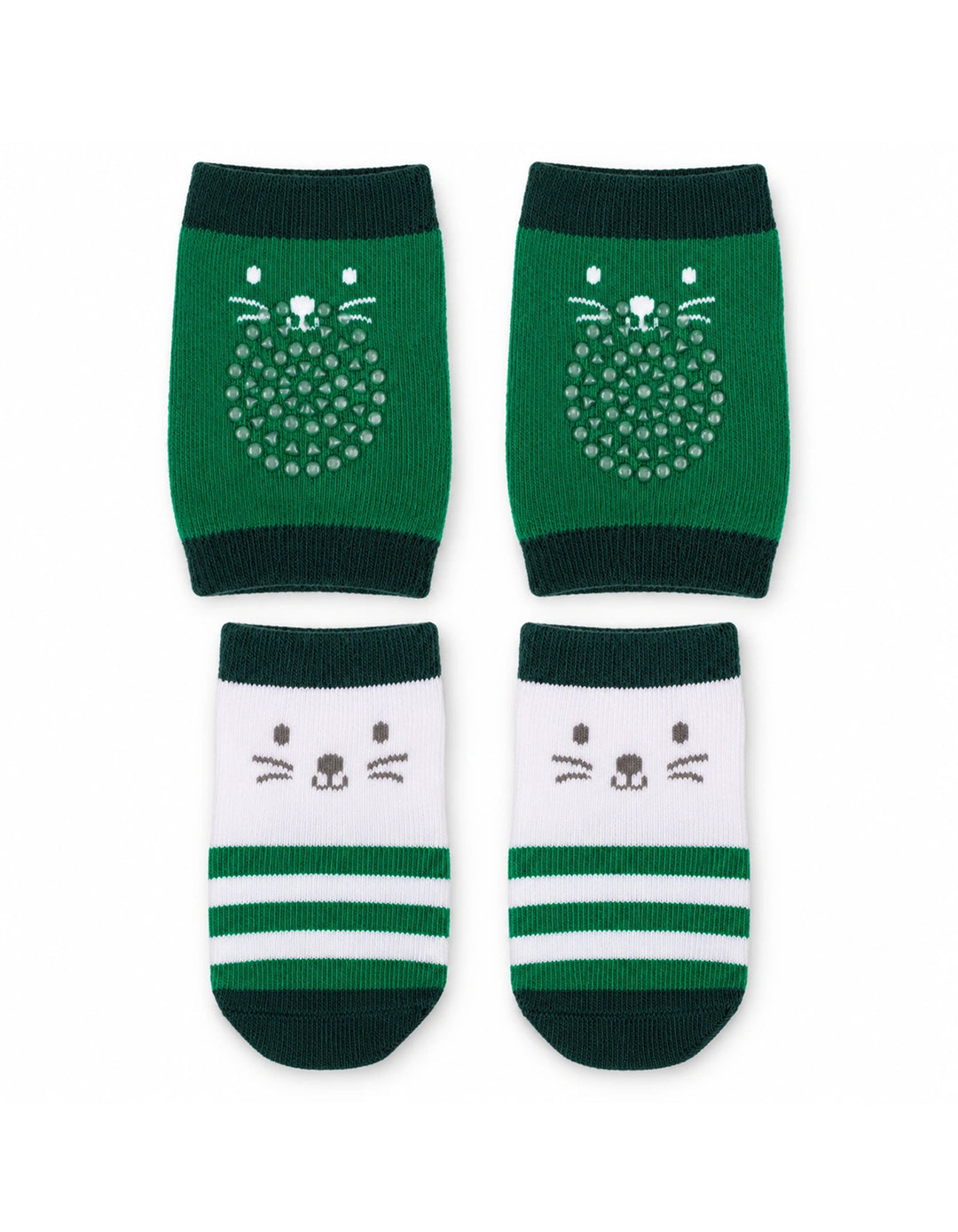 Infant Socks and Knee Pads Set Cat Print Green and White at Zubaidas