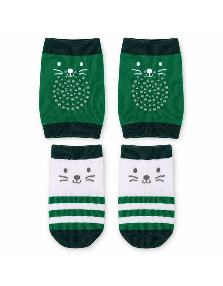 Infant Socks and Knee Pads Set Cat Print Green and White at Zubaidas