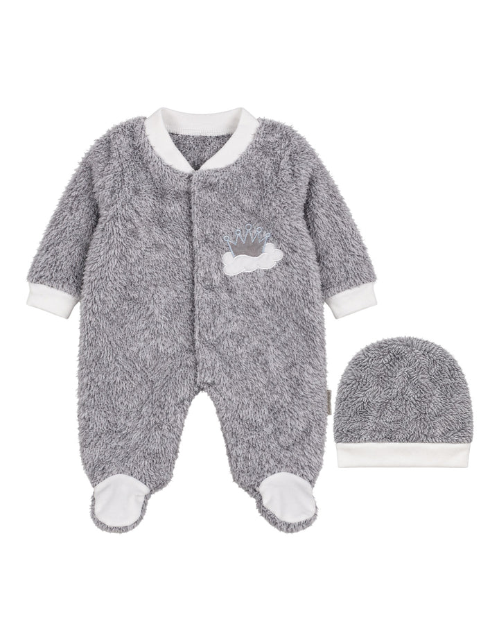 Infant Winter Sleep Suit with Cap Crown and Cloud Grey at Zubaidas
