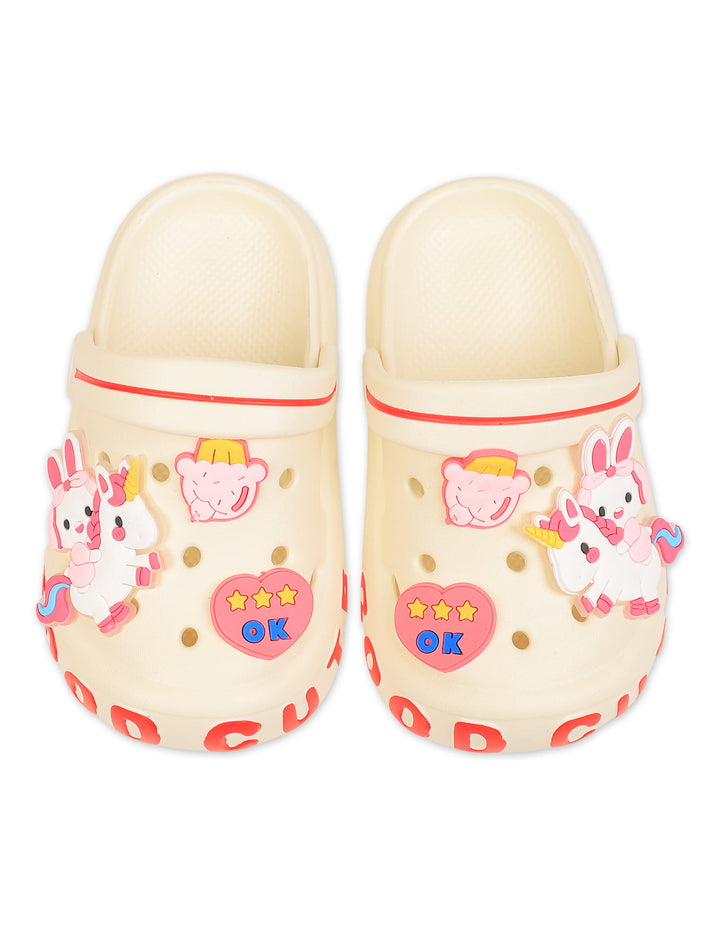 Kid Girl Crocs with Unicorn and Bunny Charms Cream at Zubaidas