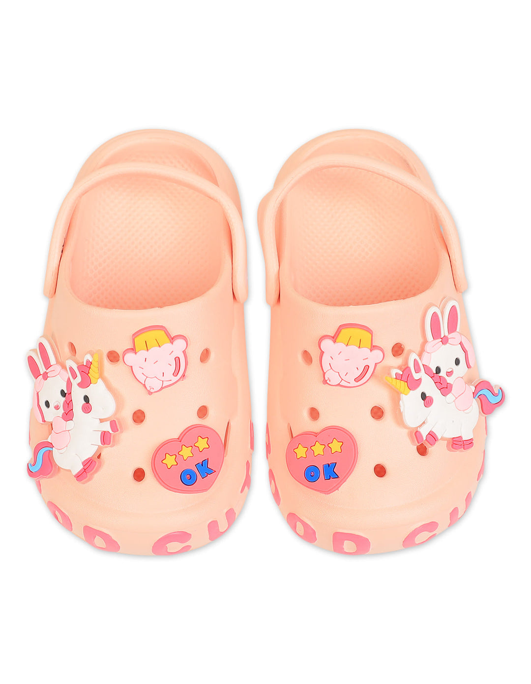 Kid Girl Crocs with Unicorn and Bunny Charms Peach at Zubaidas