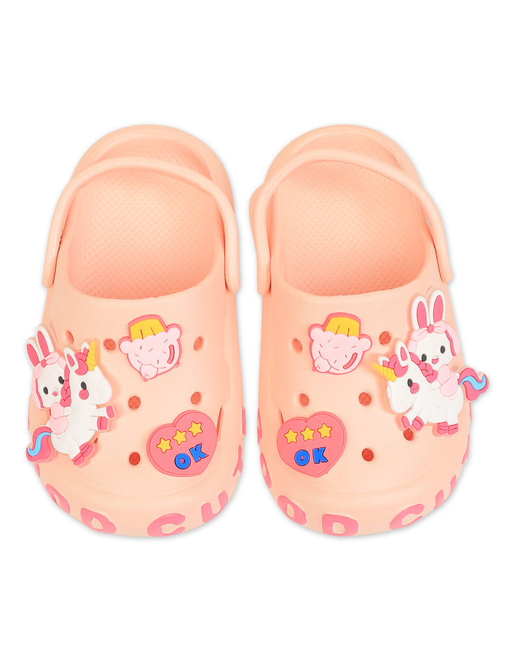 Kid Girl Crocs with Unicorn and Bunny Charms Peach at Zubaidas