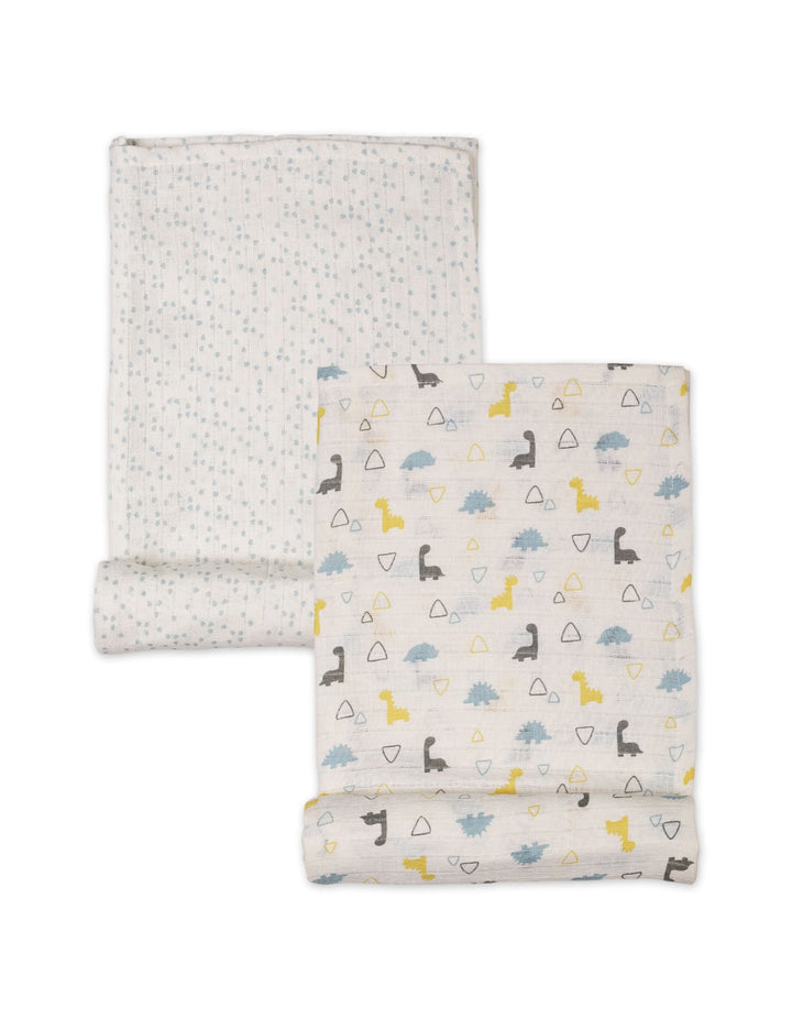 Muslin Sheets Pack of 2 Bambies Dino and Dots Print Blue at Zubaidas