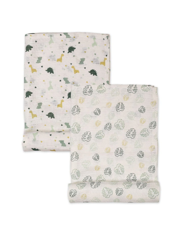 Muslin Sheets Pack of 2 Bambies Dino and Leaf Print at Zubaidas